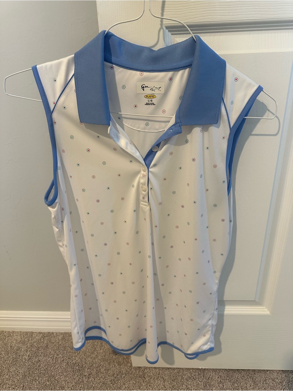 Greg Norman Collection White Sleeveless Polo with Light Blue Trim